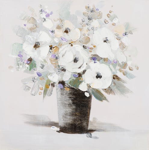 Tableau FLEURS Bouquet blanc et effets violets, beiges, verts, dorés dans pot strié 50x50cm