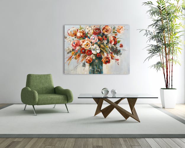 Tableau FLEURS Bouquet dans vase peinture acrylique et feuilles métal - tons noirs, blancs, couleurs et dorés 90x120cm