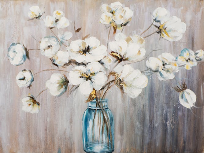 Tableau FLEURS Bouquet dans vase tons blancs, bleus, jaunes et beiges 90x120cm