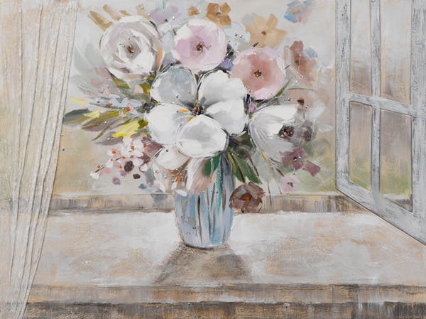 Tableau FLEURS bouquet de fleurs devant la fenêtre dominante beige tons rouges, jaunes, verts et blancs 90x120cm
