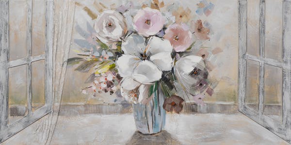 Tableau FLEURS bouquet de fleurs devant la fenêtre dominante beige, tons rouges, jaunes, verts et bleus 70x140cm