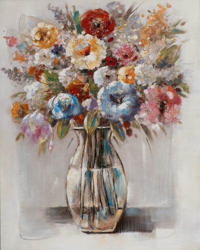 Tableau FLEURS Bouquet multicolore dans vase tons beiges et blancs 80x100cm