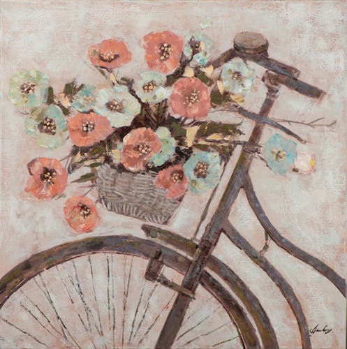 Tableau FLEURS Bouquet sur vélo tons rouges, beiges et jaunes 90x90cm