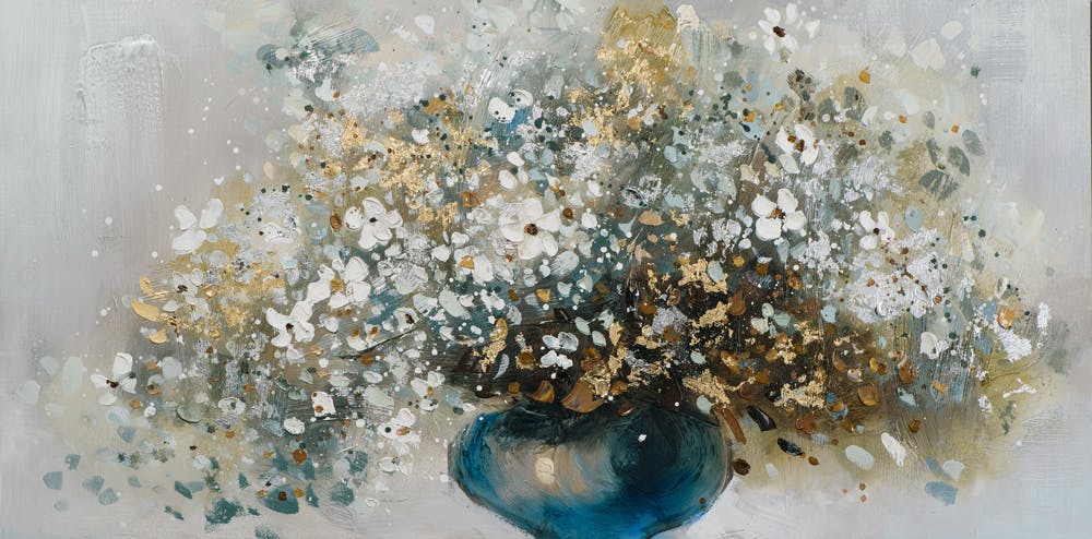 Tableau FLEURS bouquet vase bleu peinture acrylique et feuilles métal -  tons noirs, blancs, couleurs, dorés et argentés 70x140cm, Tableaux /  Toiles