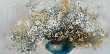  Tableau FLEURS bouquet vase bleu peinture acrylique et feuilles métal - tons noirs, blancs, couleurs, dorés et argentés 70x140cm