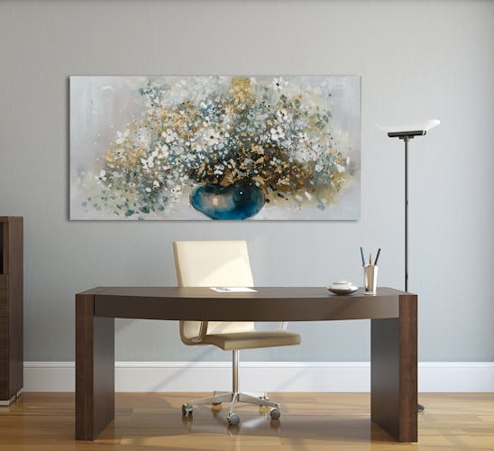 Tableau FLEURS bouquet vase bleu peinture acrylique et feuilles métal - tons noirs, blancs, couleurs, dorés et argentés 70x140cm
