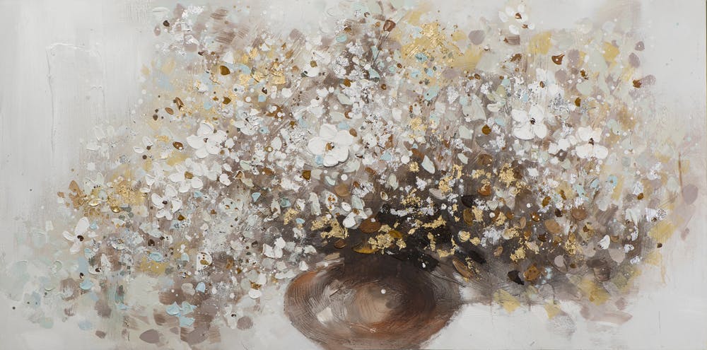 Tableau FLEURS bouquet vase marron peinture acrylique et feuilles métal - tons noirs, blancs, couleurs, dorés et argentés 70x140