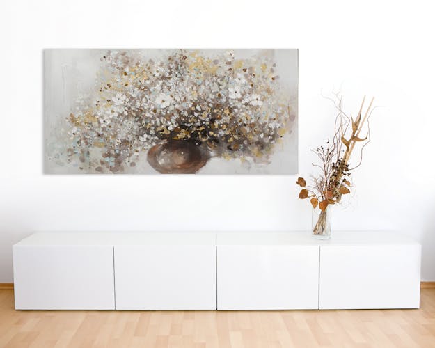 Tableau FLEURS bouquet vase marron peinture acrylique et feuilles métal - tons noirs, blancs, couleurs, dorés et argentés 70x140