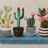 Tableau FLEURS cactus dans leurs pots tons verts, orangés, bleus et bruns 70x100cm