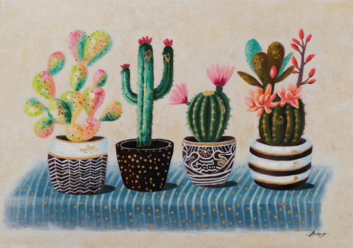 Tableau FLEURS cactus dans leurs pots tons verts, orangés, bleus et bruns 70x100cm