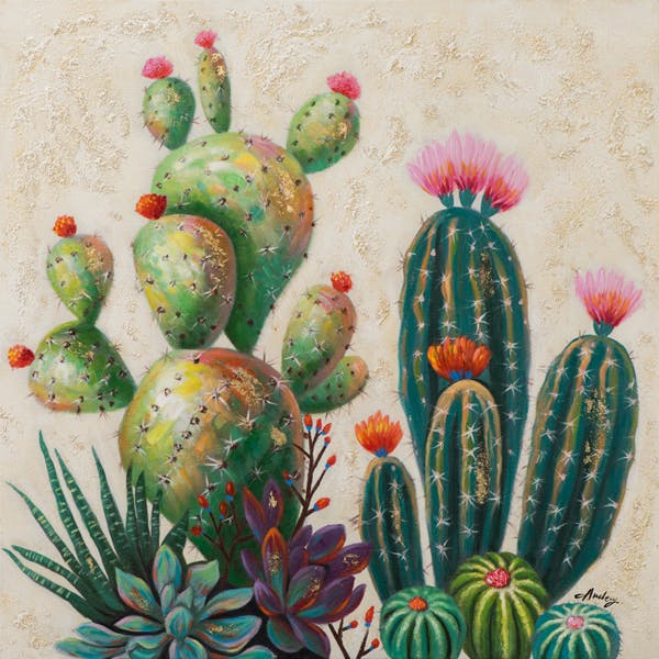 Tableau FLEURS cactus en fleurs tons verts, rouges et beiges 80x80cm