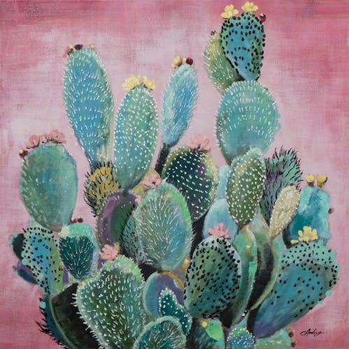 Tableau FLEURS cactus sur fond marron tons verts, rouges et bleus 80x80cm