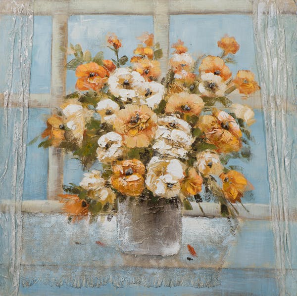 Tableau FLEURS dans un vase devant la fenêtre tons jaunes, orangés, bleus et blancs 70x70cm