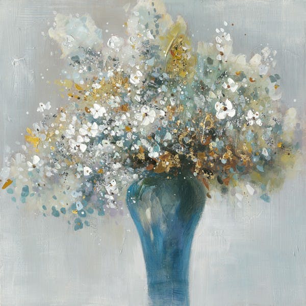 Tableau Fleurs en bouquet abstrait 100x100 Doré. Peinture acrylique et feuilles métal
