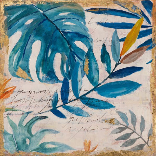 Tableau FLEURS Feuille tropicale tons bleus, verts et beiges 40x40cm