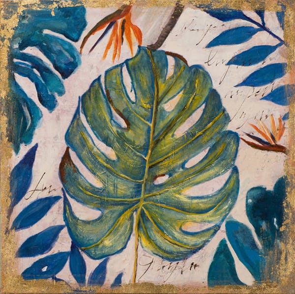 Tableau FLEURS Feuille tropicale tons verts, bleus, et beiges 40x40cm