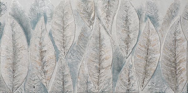 Tableau FLEURS Feuilles tons argentés, bleus et blancs 70x140cm