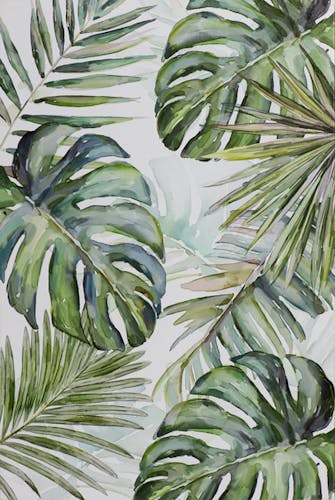 Tableau FLEURS Feuilles tropicals tons verts, bleus, noirs et blancs 60x90cm