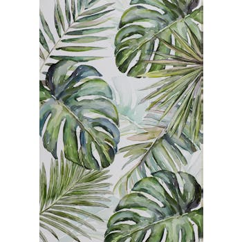 Tableau FLEURS Feuilles tropicals tons verts, bleus, noirs et blancs 60x90cm