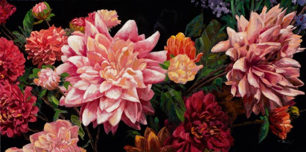 Tableau fleurs multicolores sur fond noir version 1