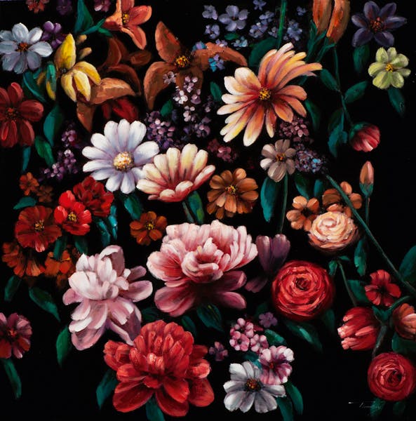 Tableau fleurs multicolores sur fond noir version 2