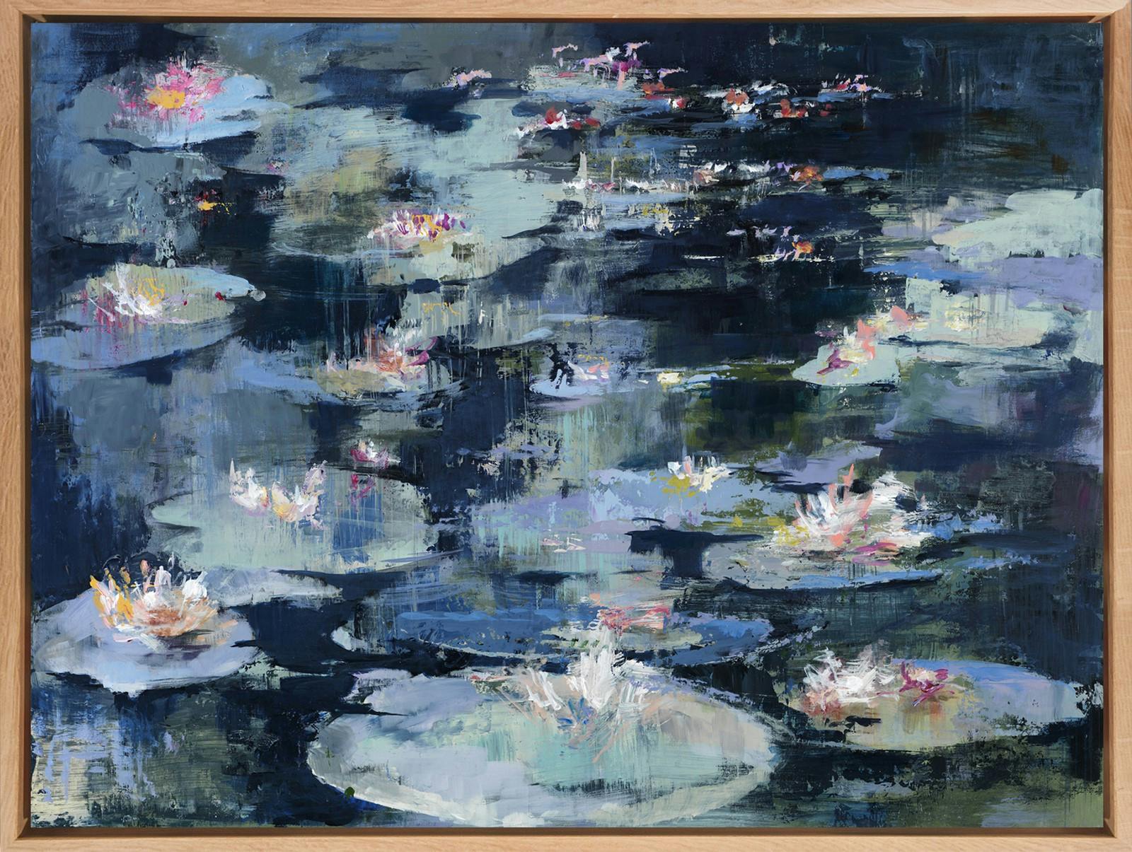 Tableau FLEURS Nénuphars Caisse américaine en chêne 90x70cm