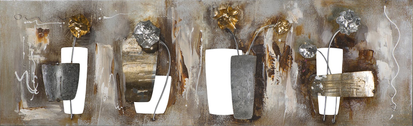 Tableau FLEURS peinture acrylique sur métal et éléments en relief tons beiges, dorés et