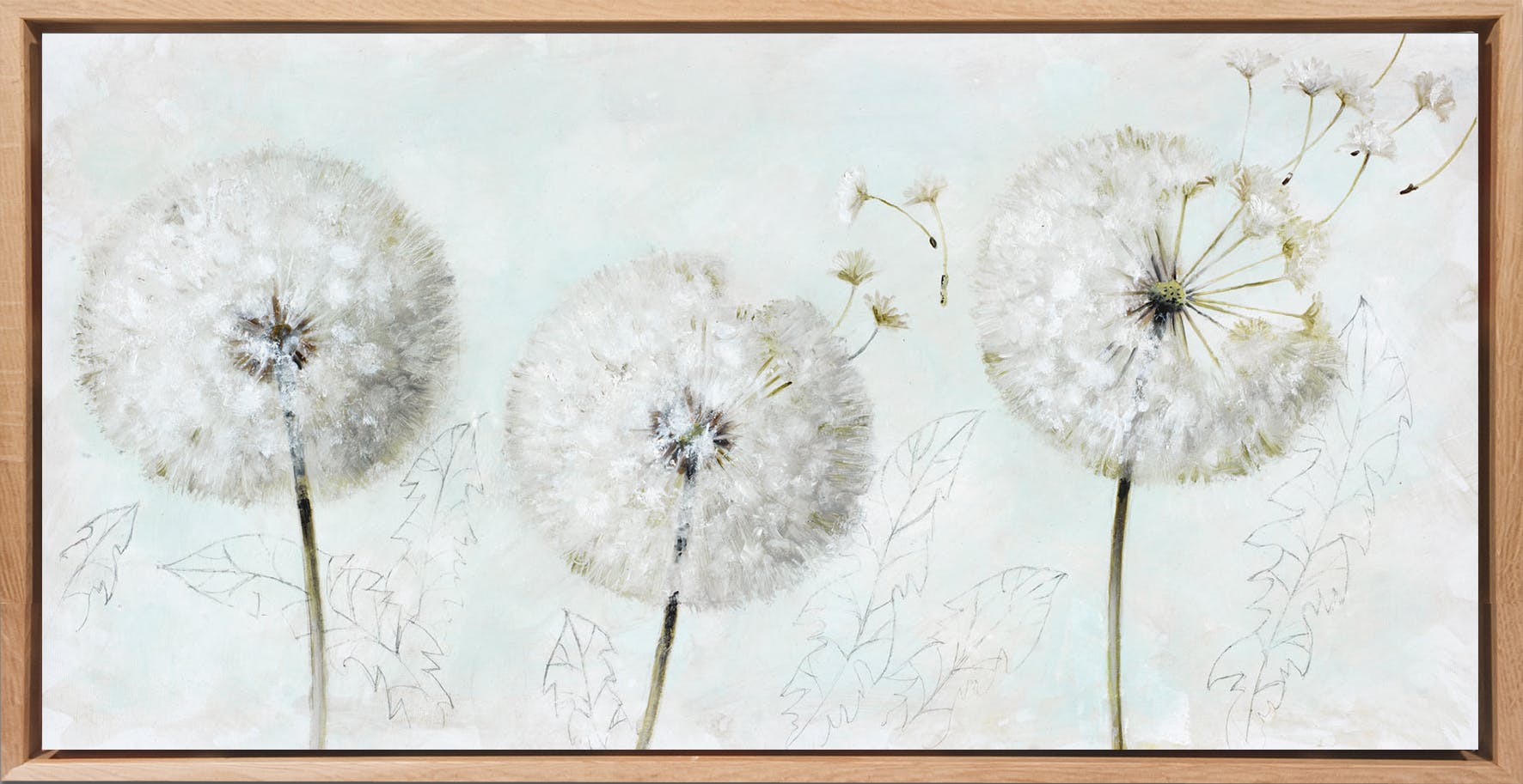 Tableau FLEURS Pissenlits Caisse américaine en chêne 80x40cm