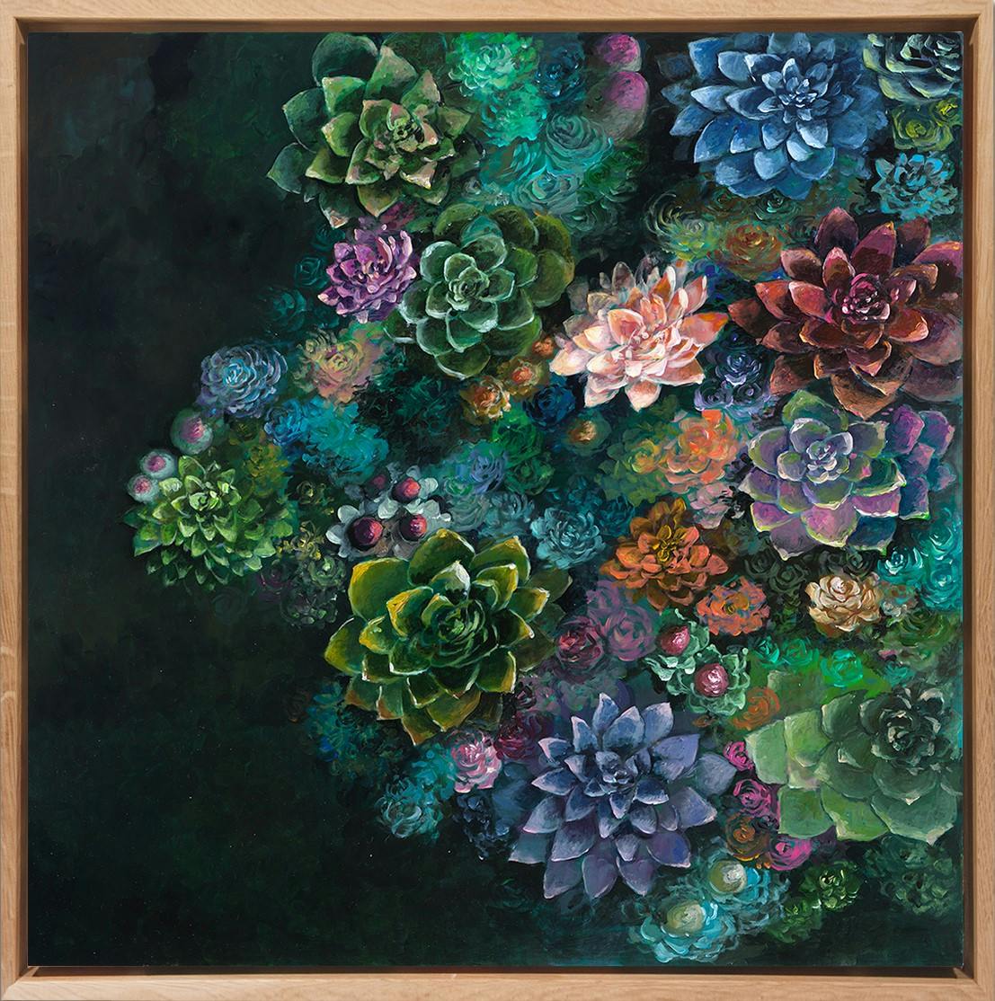 Tableau FLEURS Plantes grasses claires sur fond noir Caisse américaine en chêne massif 70x70cm