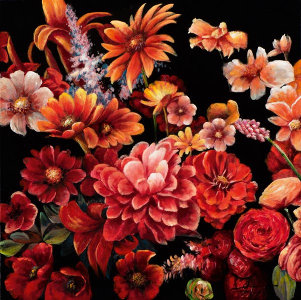 Tableau fleurs rouge et orange sur fond noir