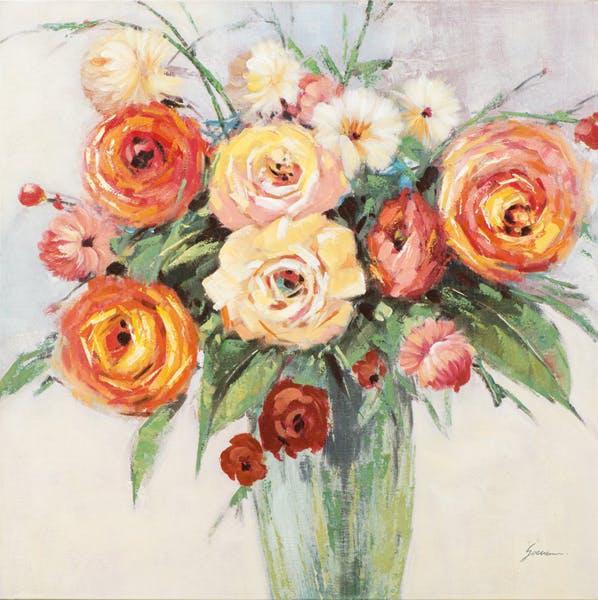 Tableau FLEURS tons chauds orangés en Bouqhet dans Vase tons verts 100x100cm