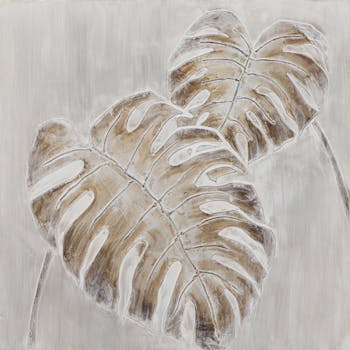 Tableau FORET 2 feuilles tropicales tons blancs et beiges 60x60cm