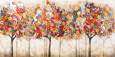  Tableau FORET Arbre à Anneaux tons vifs blancs, rouges, beiges, jaunes, verts, bleus et argentés 70x140cm