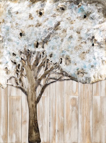 Tableau FORET Arbre feuillage "Nuage" sur fond bois tons beiges, noirs, blancs, bleus et argentés 60x80cm