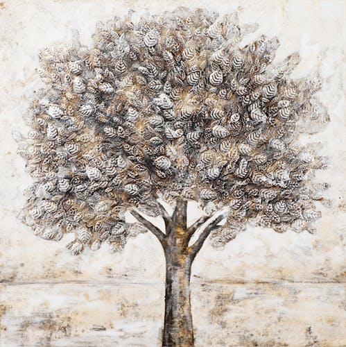 Tableau FORET Arbre Solitaire peinture tons noirs, blancs, beiges, dorés et argentés 100x100cm