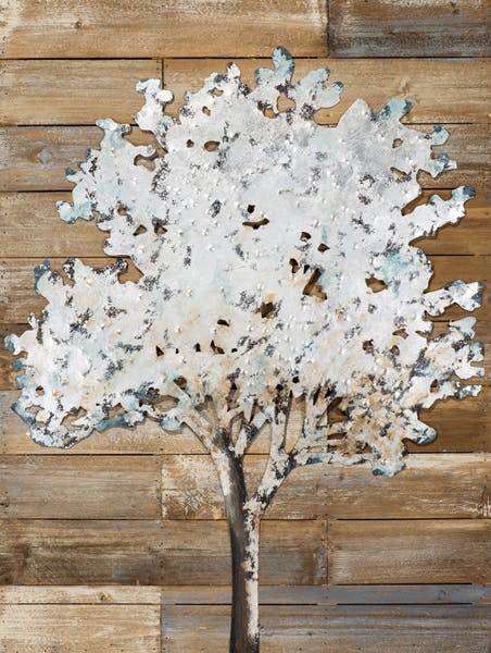 Tableau FORET Arbre sur fond bois tons beiges, bleus et argentés 60x80cm