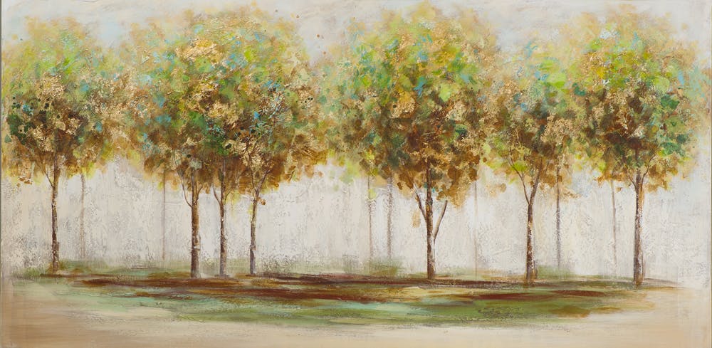 Tableau FORET Arbres ton verts, beiges, bleus et feuilles métal 70x140cm