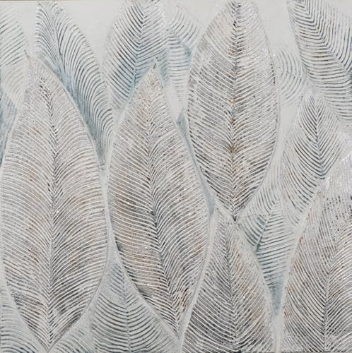 Tableau FORET feuilles avec effet pailleté tons beiges, argentés et bleus 100x100cm