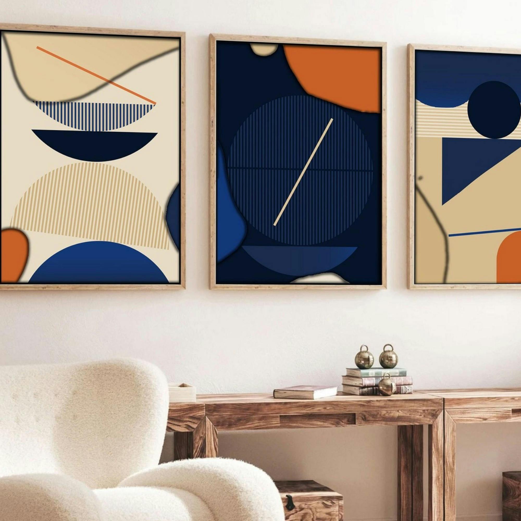 Tableau graphique bleus et orange – cadre bois (lot de 3)