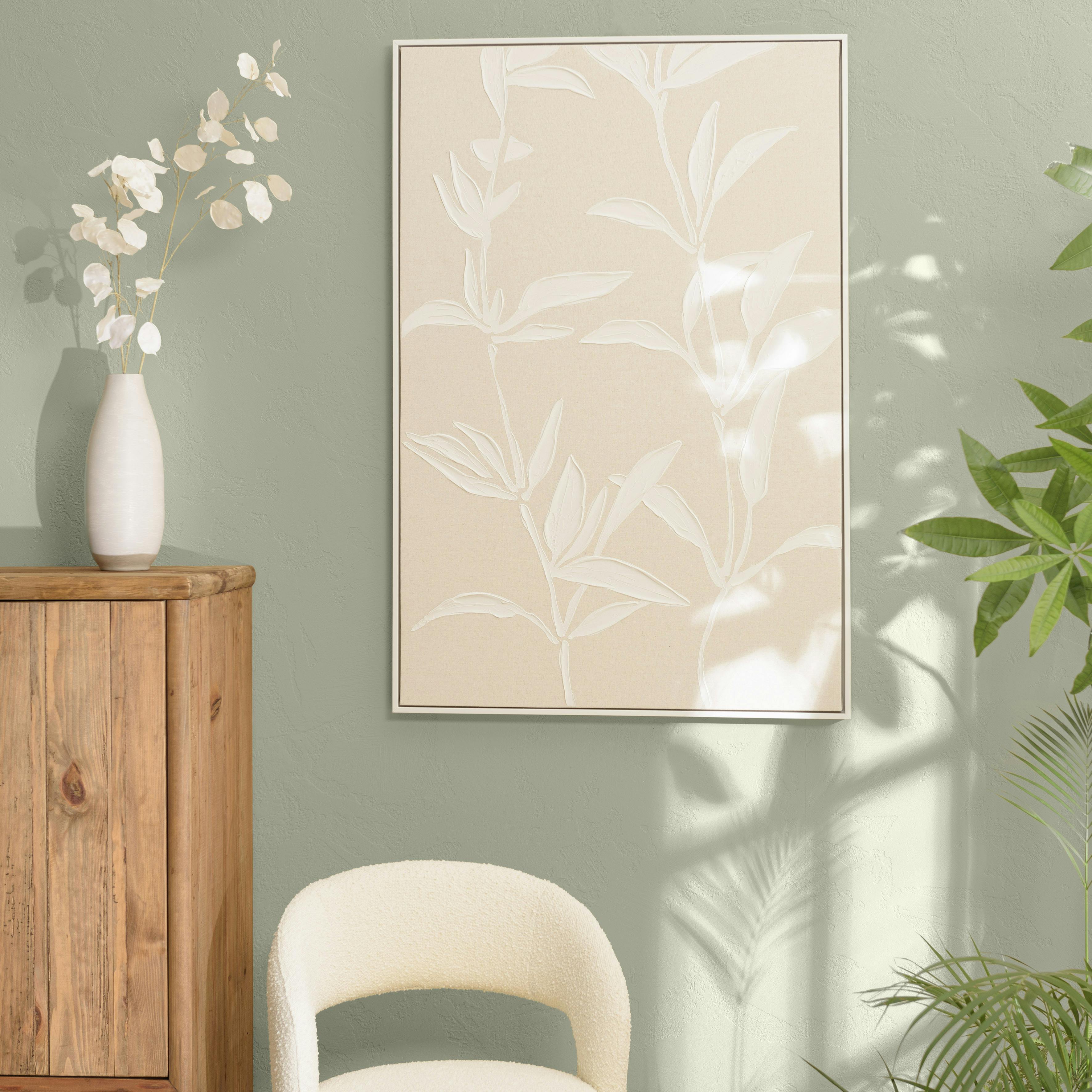 Tableau lin beige fleurs de platre 83 x 123 cm