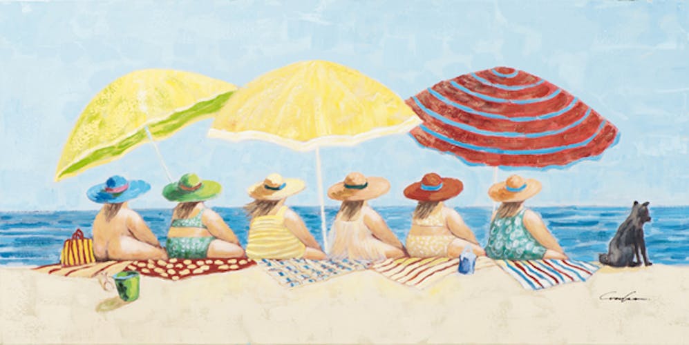 Tableau MARINE Femmes Pulpeuses à la plage scrutant l'horizon marin couleurs vives 140x70cm