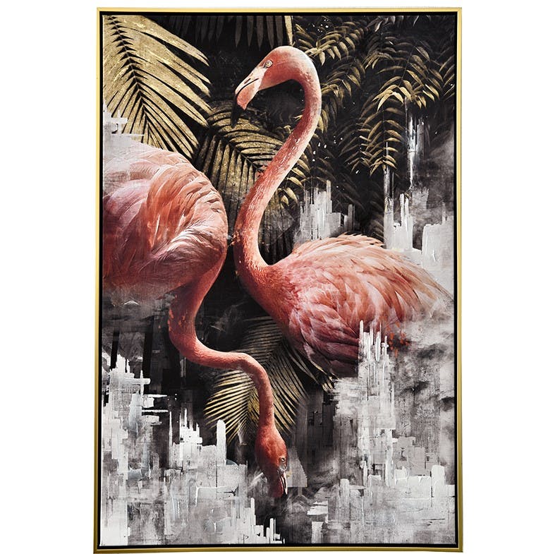 Tableau nature avec flamants roses cadre doré