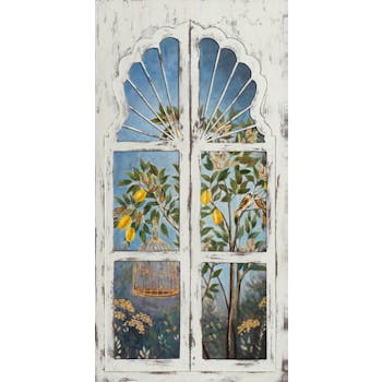 Tableau nature citronnier, oiseaux par fenêtre