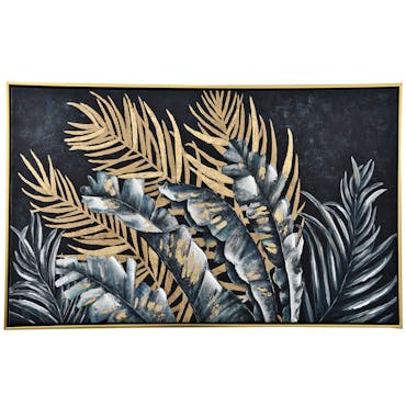 Tableau nature feuillage bleu et or cadre doré