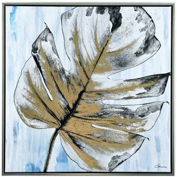 Tableau nature feuille monstera fond bleu cadre argent