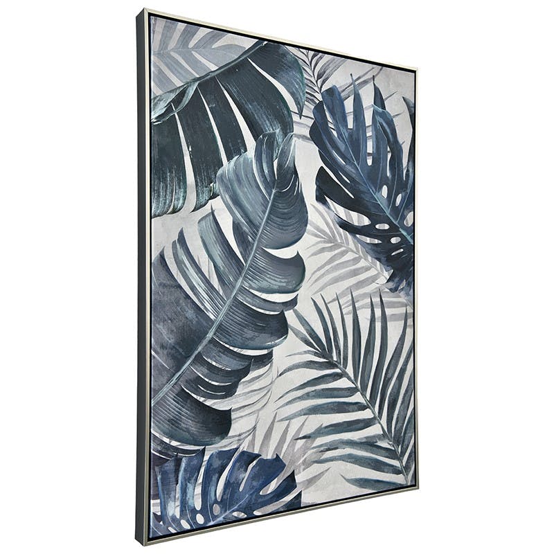 Tableau nature feuilles exotiques tons bleus cadre argent