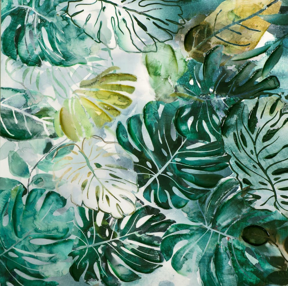 Tableau NATURE Feuilles vert d'eau tons verts, blancs, beiges, noirs 100x100cm