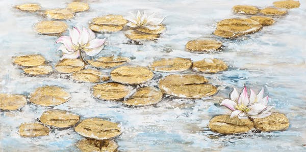 Tableau Nénuphars tons dorés en FLEURS tons rosés, bleus, beiges et blancs 140x70cm