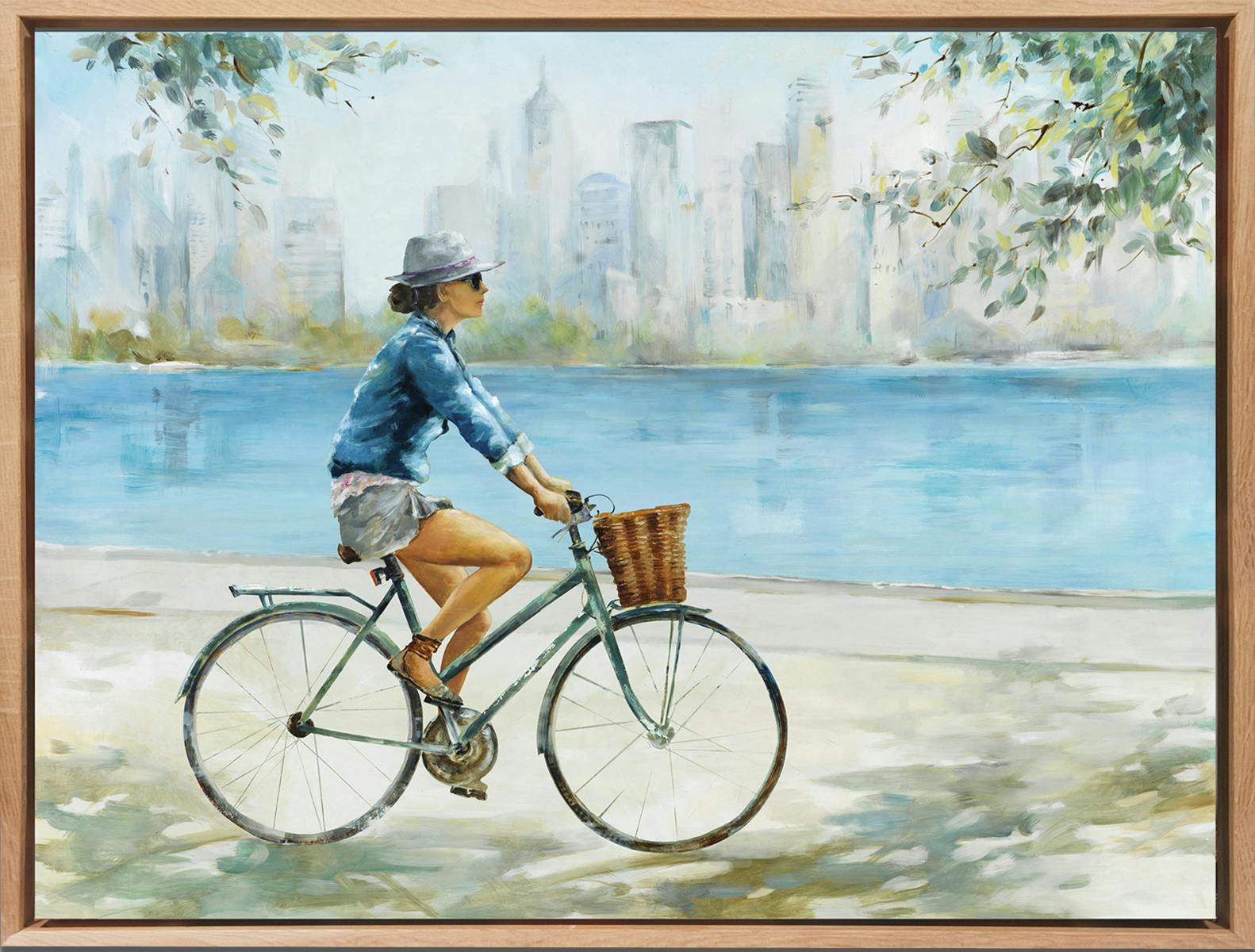 Tableau PAYSAGE La cycliste au chapeau II Caisse américaine en chêne 80x60cm