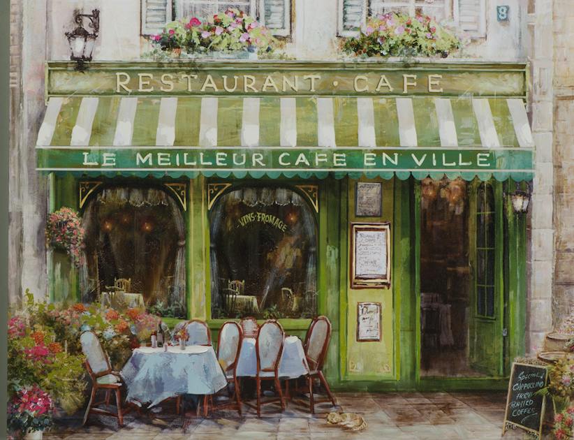 Tableau PAYSAGE Terrasse de Café devanture verte multicouleur 70x90cm ...